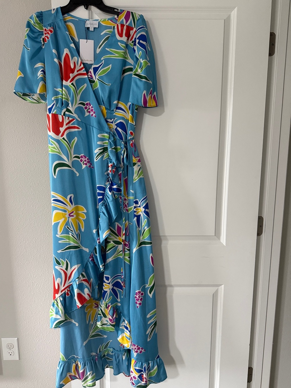 Sugarlips Blue Floral Wrap Dress with Multicolor Tropical Print